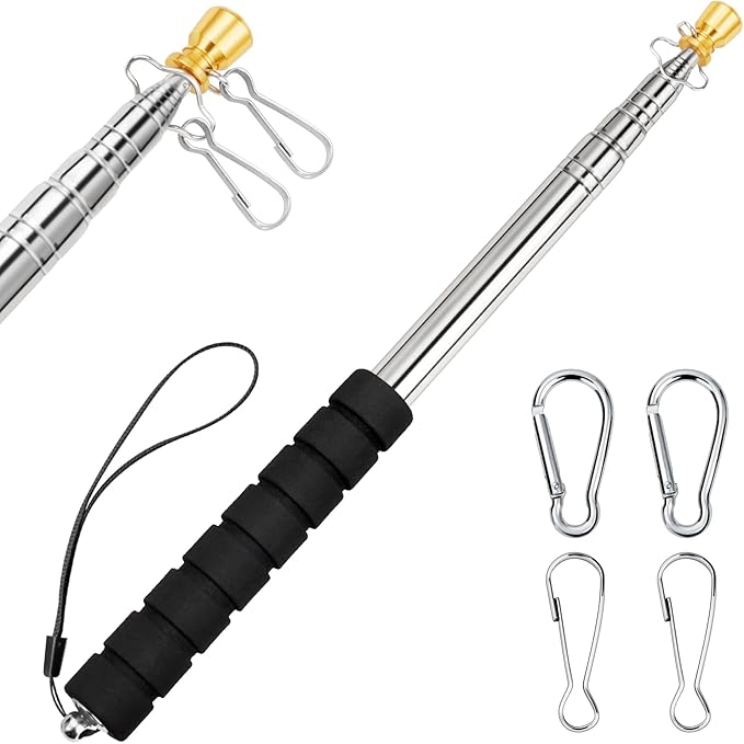 Portable Handheld Flag Pole for Carrying, 8.2Ft/2.5M Stainless Steel Telescopic Hand Held Carry Flag Pole, Telescoping Tou...