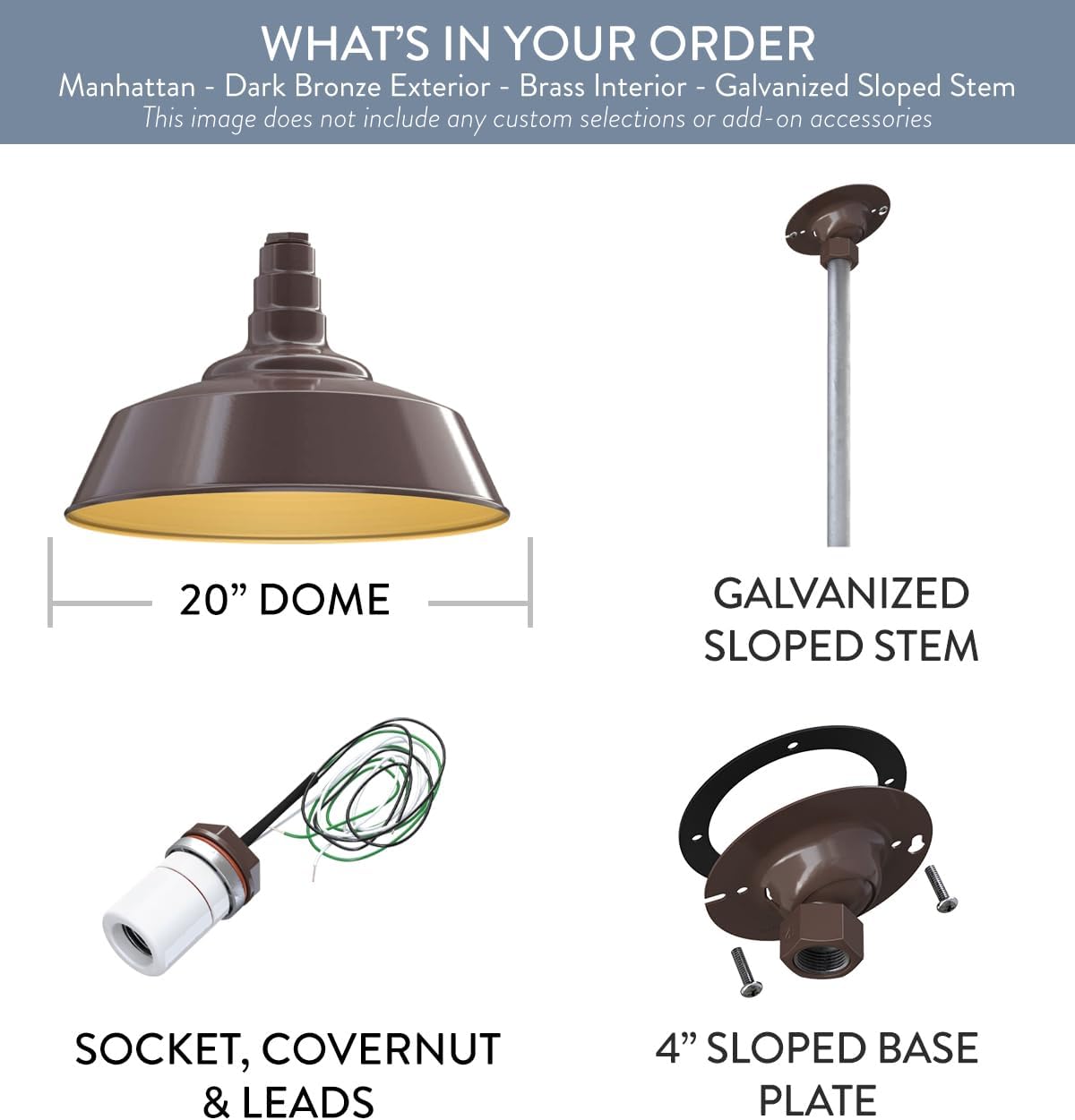 Steel Lighting Co. Manhattan Warehouse Light | Ceiling Mounted Pendant | 20 inch Dome | 12 inch Galvanized Sloped Stem | Large Steel Barn Light Made in America | Dark Bronze Exterior/Brass Interior