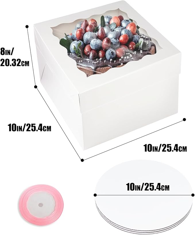 qiqee White 10x10x8 Cake Box, 18 Sets Cake Box with Window ＆ 18 Sets 10" Cake Round Boards, 10inch Cake Containers, 10 Meters Pink Silk Ribbon Includes