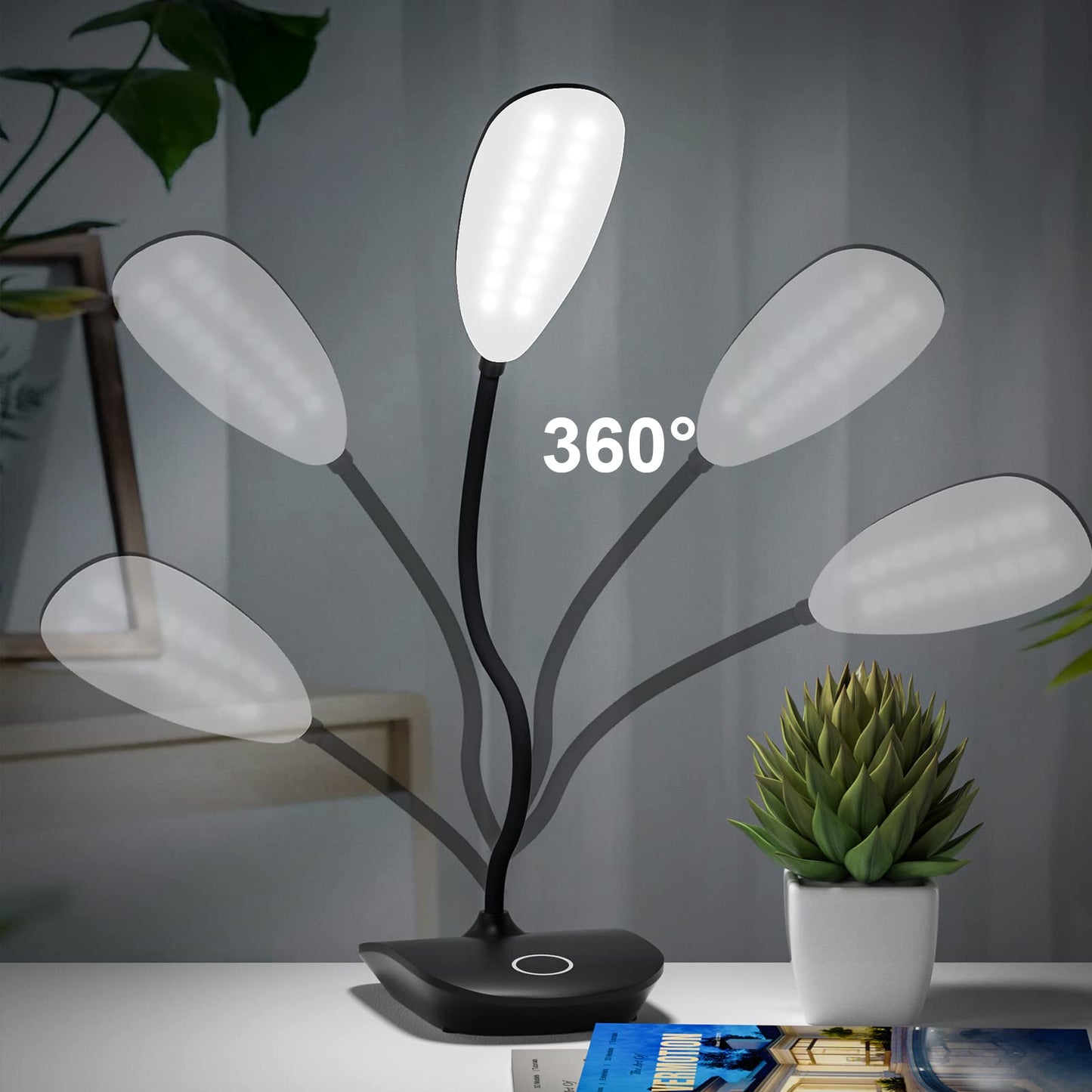 DEEPLITE Battery Operated Desk Lamp, LED, 3 Lighting Modes, Touch Control, Flexible Gooseneck, Black, 1 Pack
