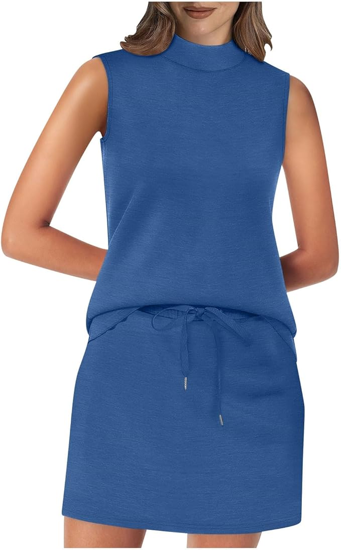 Women Two Piece Skirt Sets Beach Vacation Sleeveless Workout Mock Neck Solid Color Tennis Skirt Summer Golf Dresses