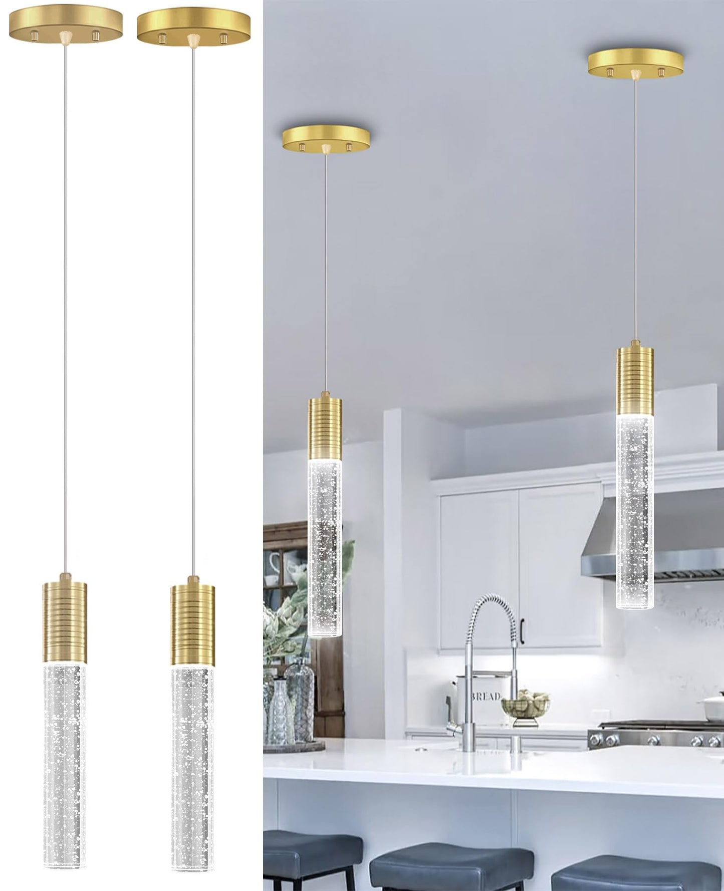 Haixiang Set Of 2 Pendant Lights For Kitchen Island  White Light  Gold Crystal Linear Pendant Lighting  Bar Corner Led Light Fixture