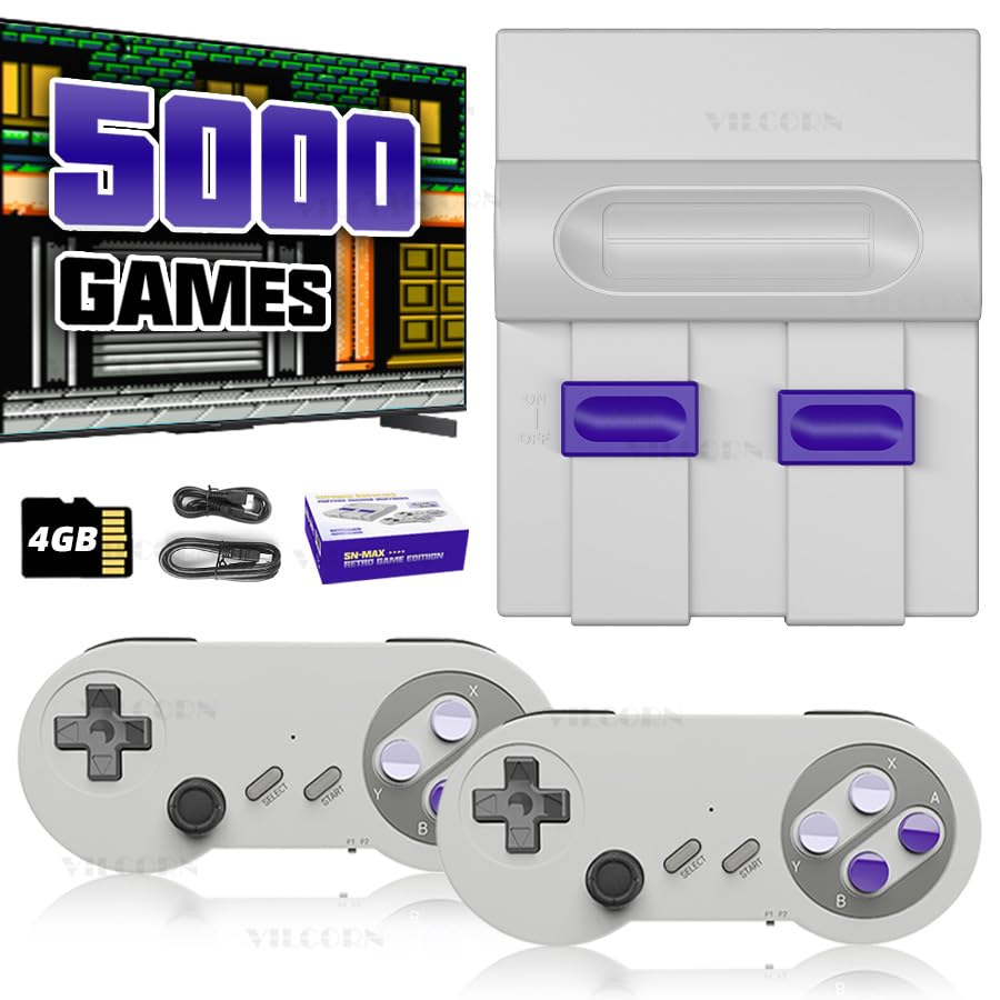 VILCORN Video Game Console 16Bit Super Game Machine Built in 5000 Classic Games Support HDMI 4K TV Plug Play Retro Gaming Console System with Dual Wireless Controllers Gift
