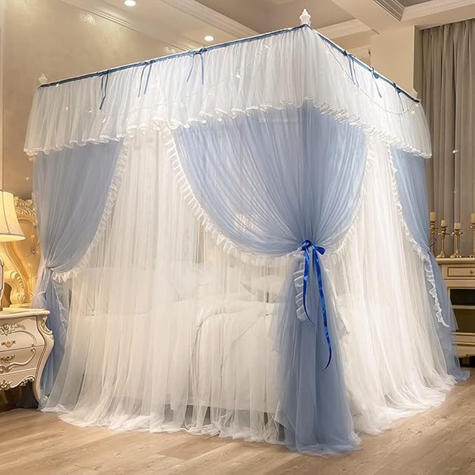 Mengersi Canopy Bed Curtains with Lights,4 Corner Bed Canopy Royal Luxurious Bed Drapes Netting,Princess Bed Curtains for Girls Adults Bedroom Decoration (Gray Blue, Full)