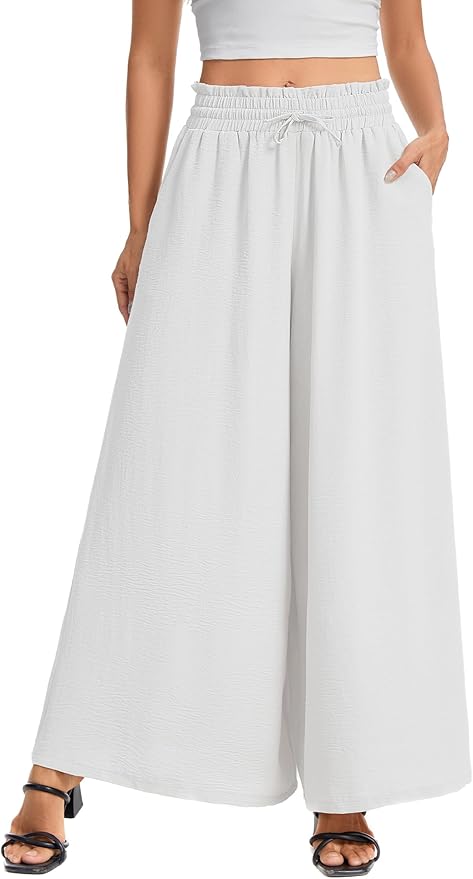 Women’s Wide Leg Pants Drawstring Elastic Waist Casual Trousers Lightweight Loose Lounge Pants with Pockets