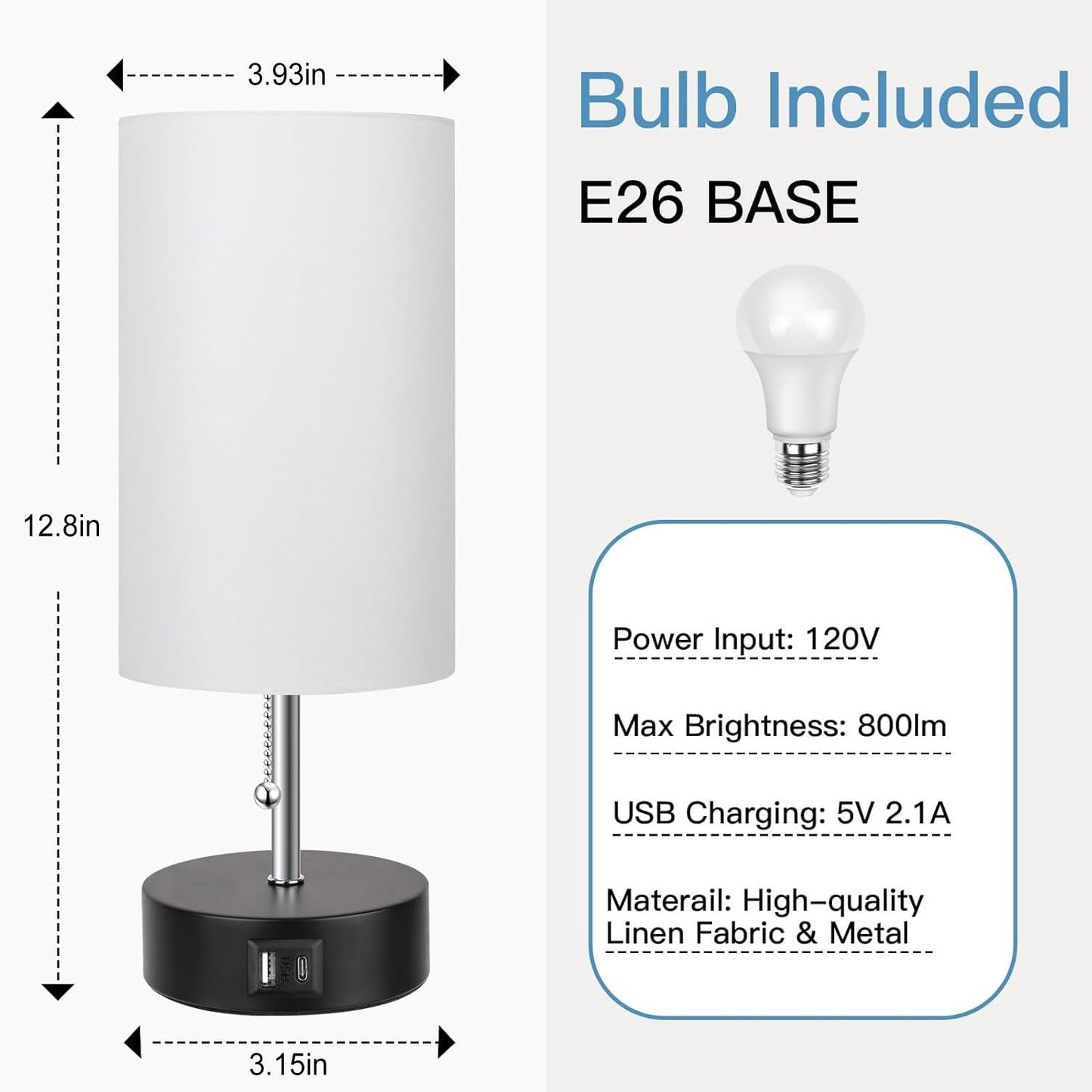 ROTTOGOON Bedside Lamp with USB Port & AC Outlet, 3-Color Temperature, White, Metal