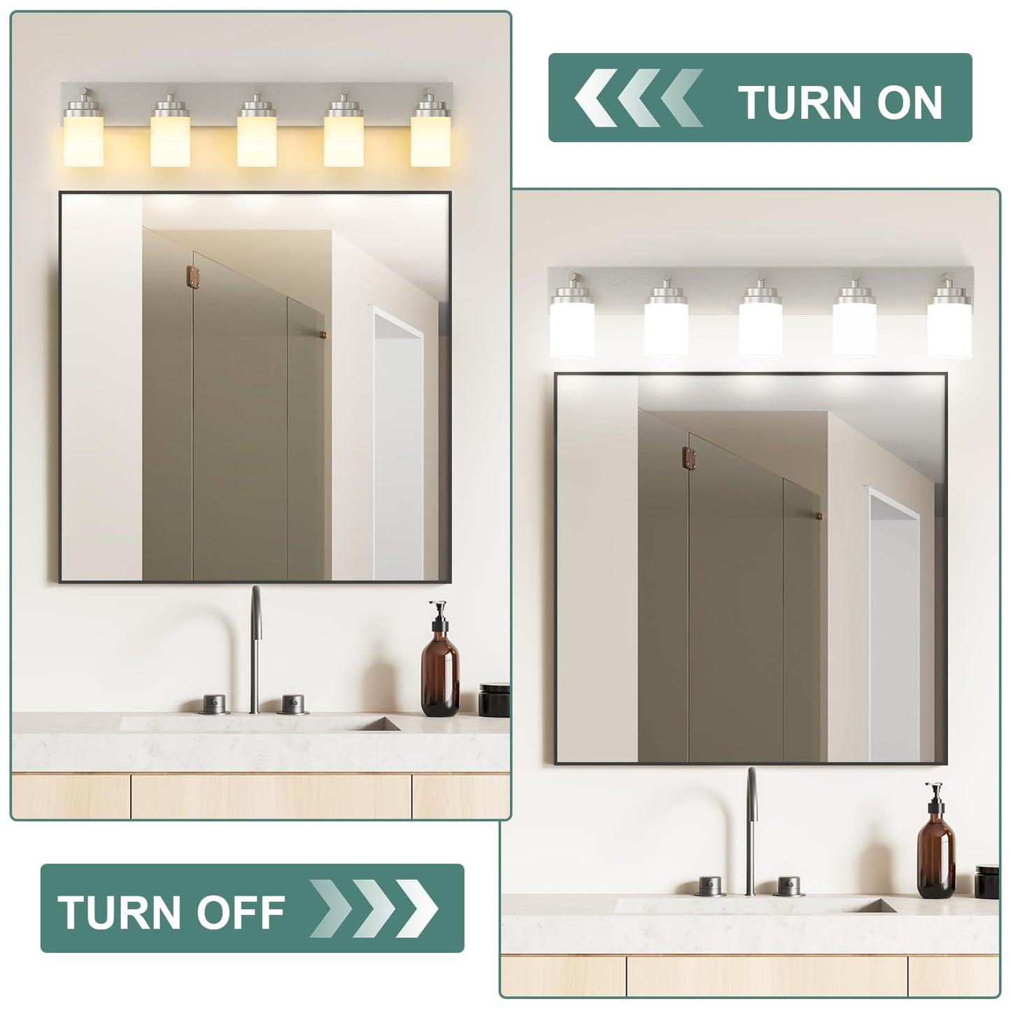 Izorro Bathroom Vanity Light Fixture  5-Light 36 Inch Brushed Nickel Bathroom Light Fixtures Over Mirror  With White Glass Shade  Modern Farmhouse Vanity Lights  Rustic Restroom Lighting Fixtures