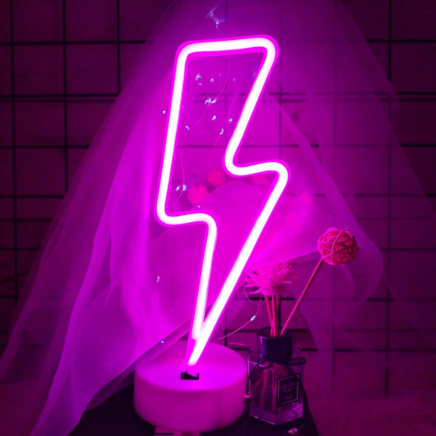 VIFULIN Neon Lightning Bolt Sign Light, Pink LED Room Decor, Battery/USB Operated