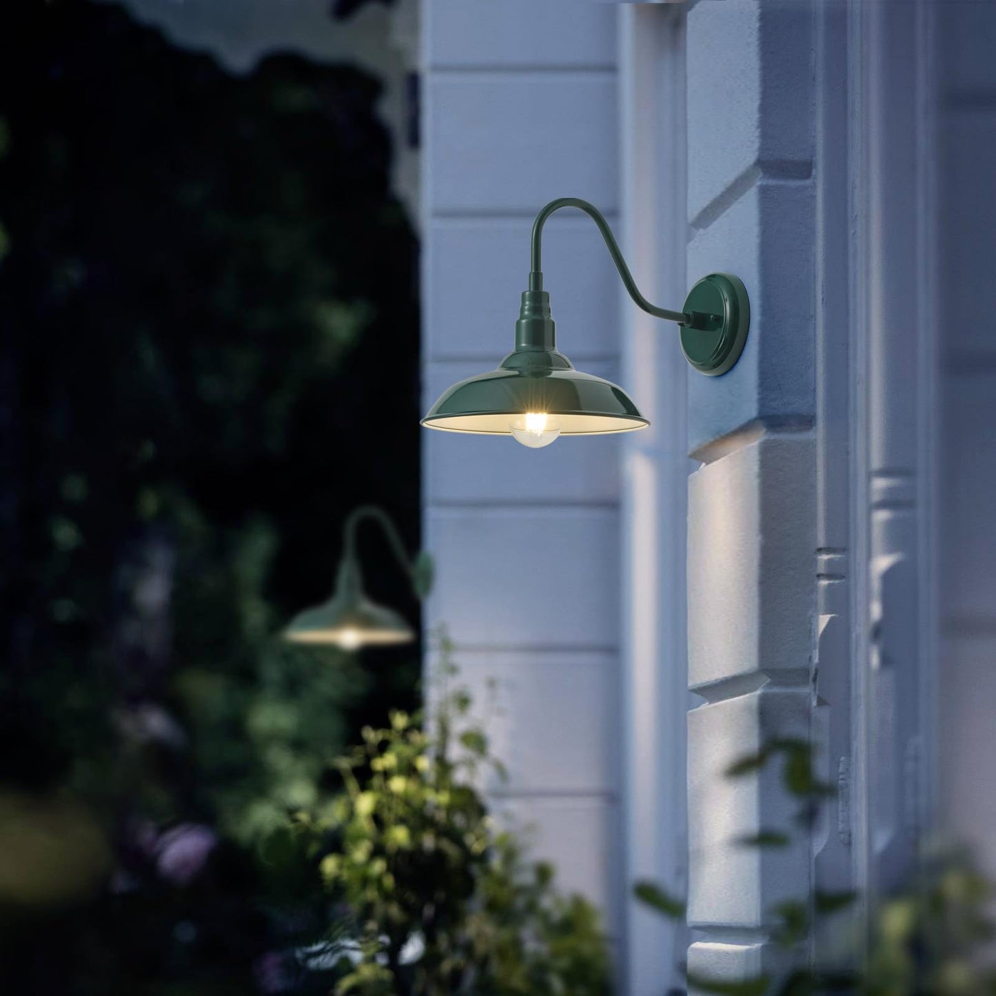 GOALPLUS Outdoor Gooseneck Barn Light Fixture, 10in Dome, Green Metal Wall Sconce for Porch, Patio, Garage, Model LM2201-GR-2P
