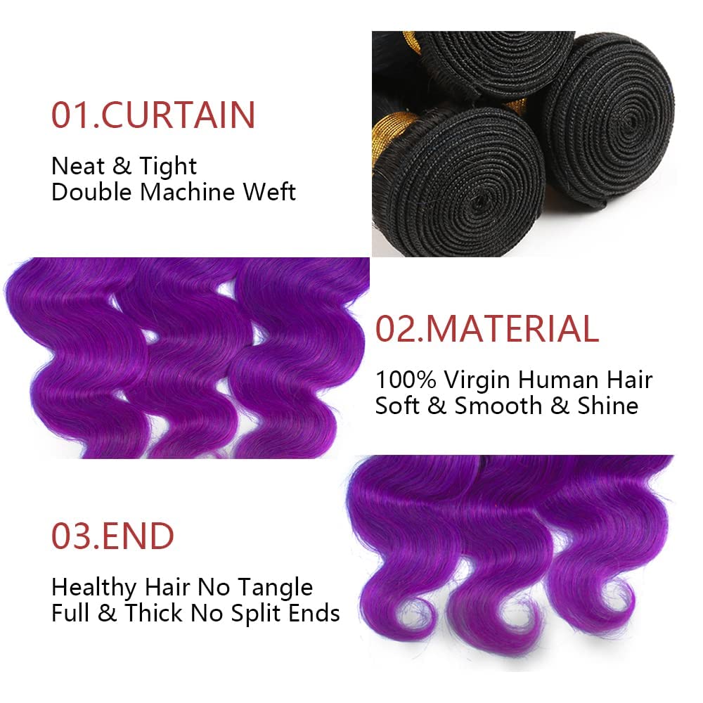 Lagalaga Bundles Human Hair 16 18 20 Inch Body Wave T1B Purple Human Hair Bundles Unprocessed Brazilian Virgin Hair Quick Weave