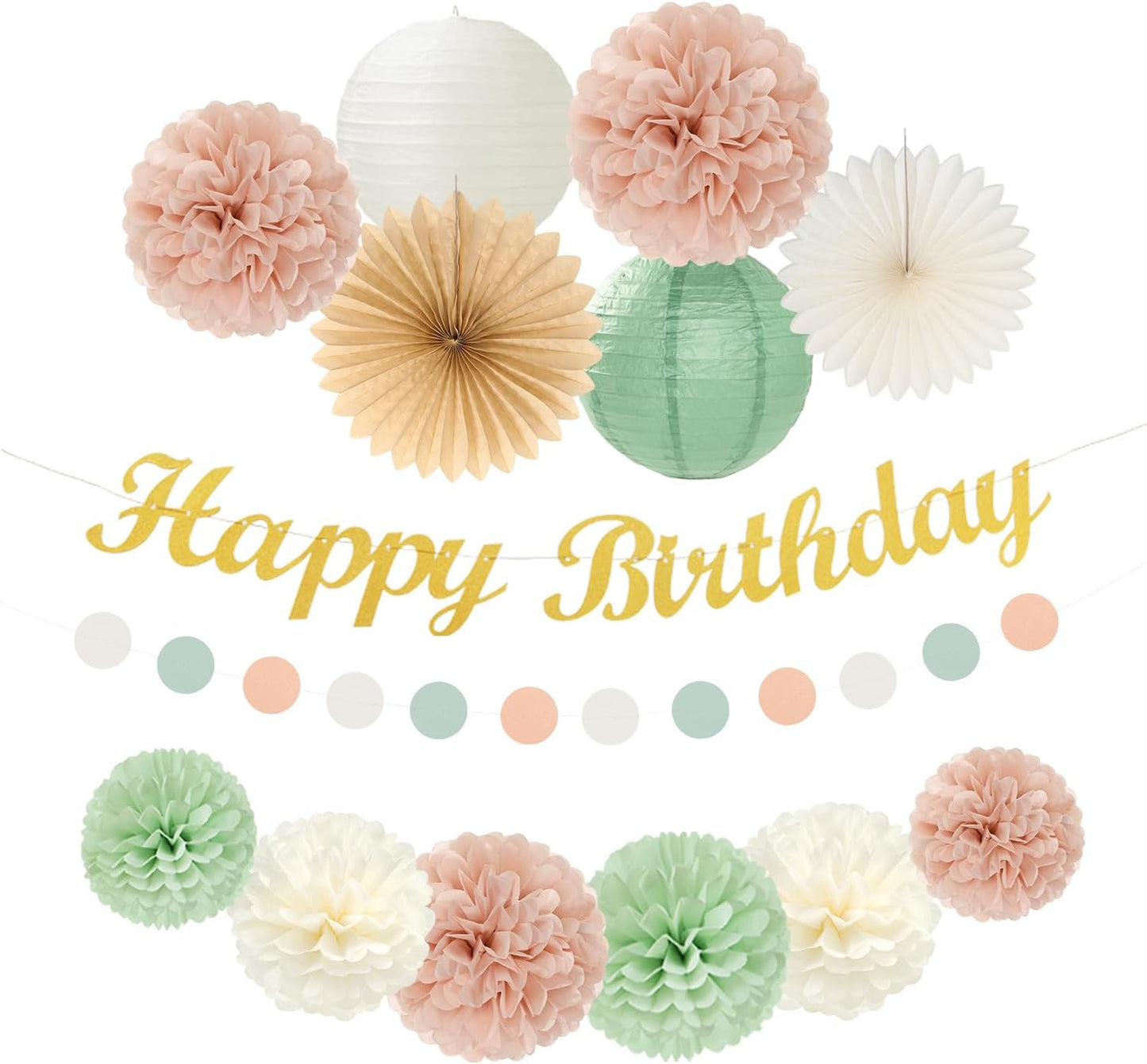 Sage-Green Blush-Pink Birthday Garland Party-Decorations - 14pcs Happy Banner 21st Spring Paper Flowers Lanterns Beige Tissue Pom Poms,Boho Streamers Fans,Neutral Rustic Hanging Supplies Decor Hugfond