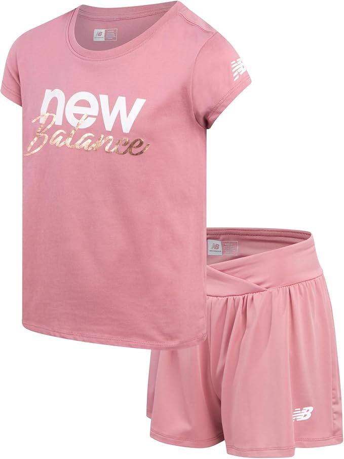 New Balance Girls' Active Skort Set - 2 Piece Short Sleeve T-Shirt and Performance Tennis Scooter Skirt (Sizes: 7-12)