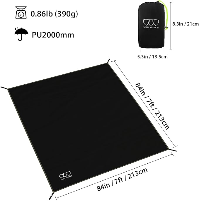 Gold Armour Tent Footprint, Camping Tarp Waterproof Ultralight - 84x60in | 84x84in | 84x96in | 82x106in | 120x108in | 120x120in | 120x144in Floor and Ground Tarps for Camping Hiking (Black 84x84in)