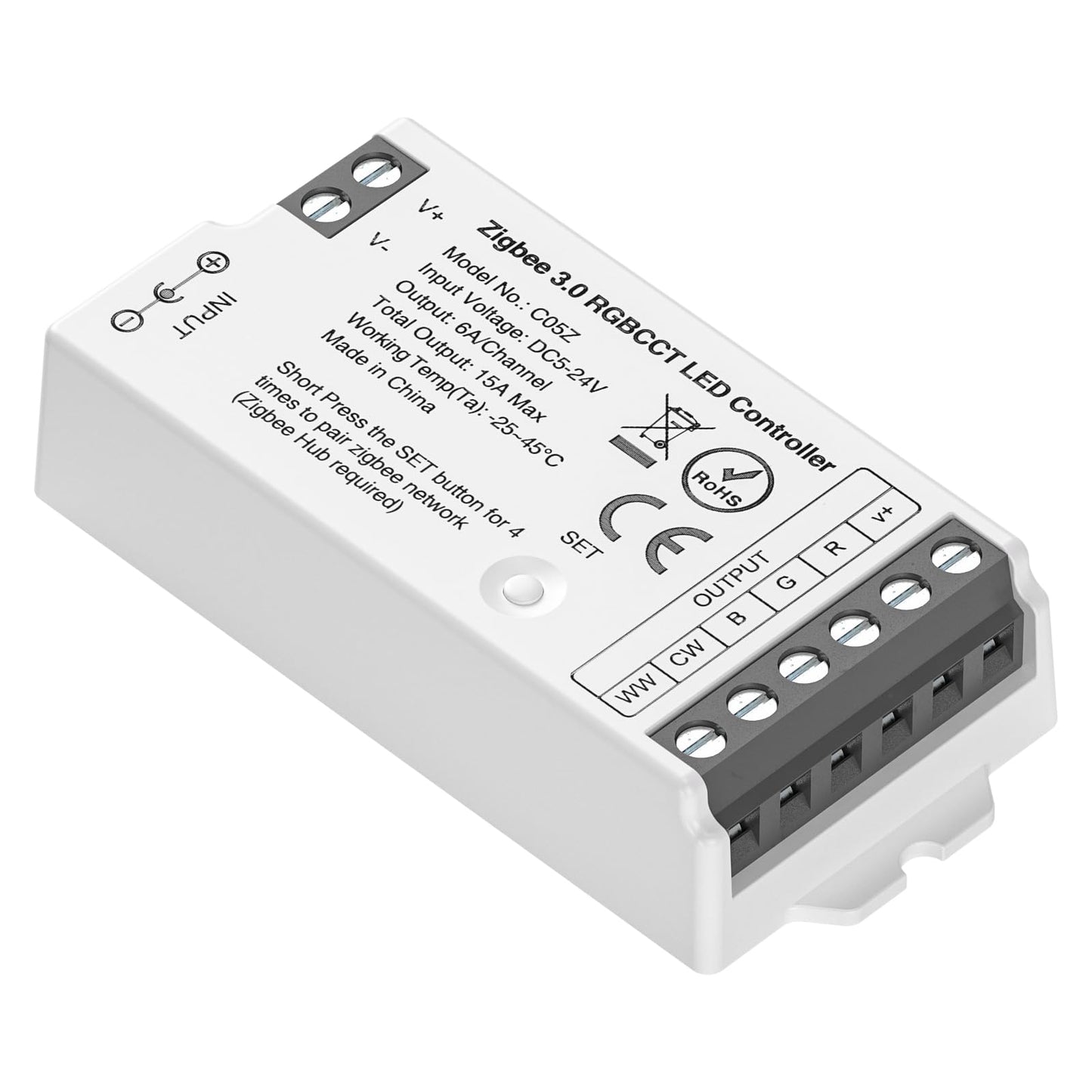 BTF-LIGHTING Tuya Zigbee 3.0 C05Z Controller Support RGBCCT 6 pin (+V R G B CW WW) PWM LED Strip Bulb Compatible with Echo Plus/4th Gen Tuya Gateway DC5V/DC12V/DC24V Max 15A