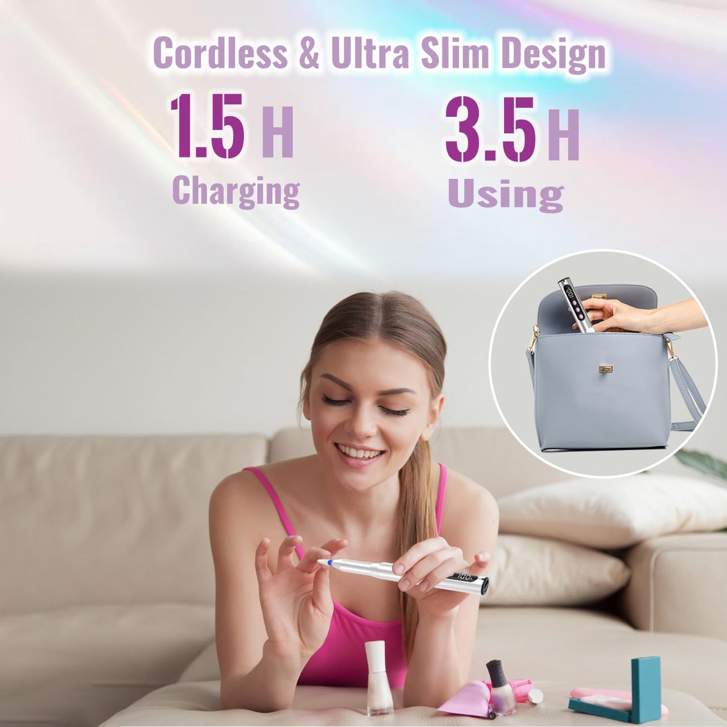 Denabuty Electric Nail Drill Cordless, 35000RPM Portable Electric Nail File with LCD Display and 12 Nail Drill Bits for Acrylic
