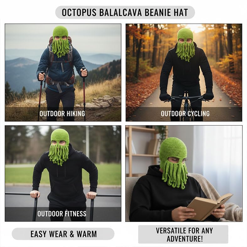Knitted Octopus Balaclava Beanie, Green Hand-Crafted Winter Hat with Tentacles, Adult Size, for Hiking, Cycling, Outdoor A...