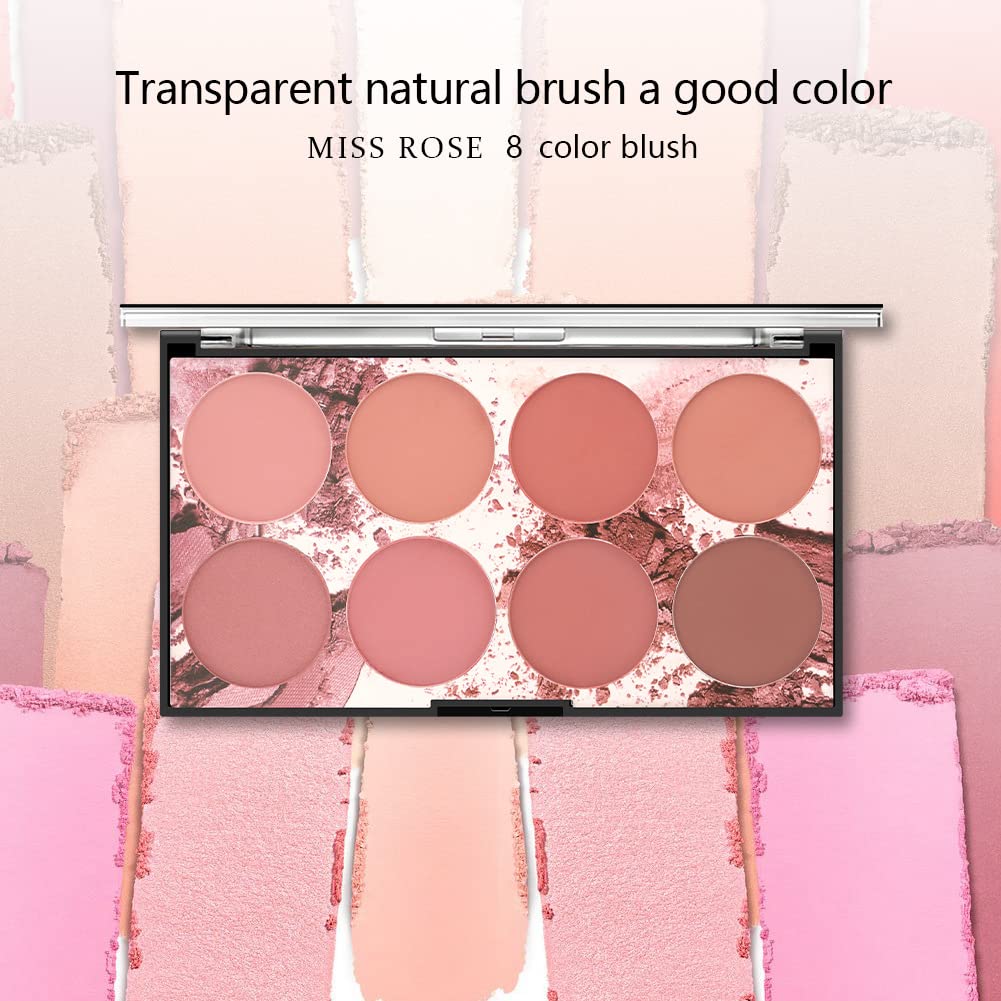 8 Color Blush Palette, Matte and Shimmer Powder, Highlight Face Blusher Buildable, Professional Facial Contour Blush Pallet Pigmented and Long Last For Natural Fair Dark Skin Tone