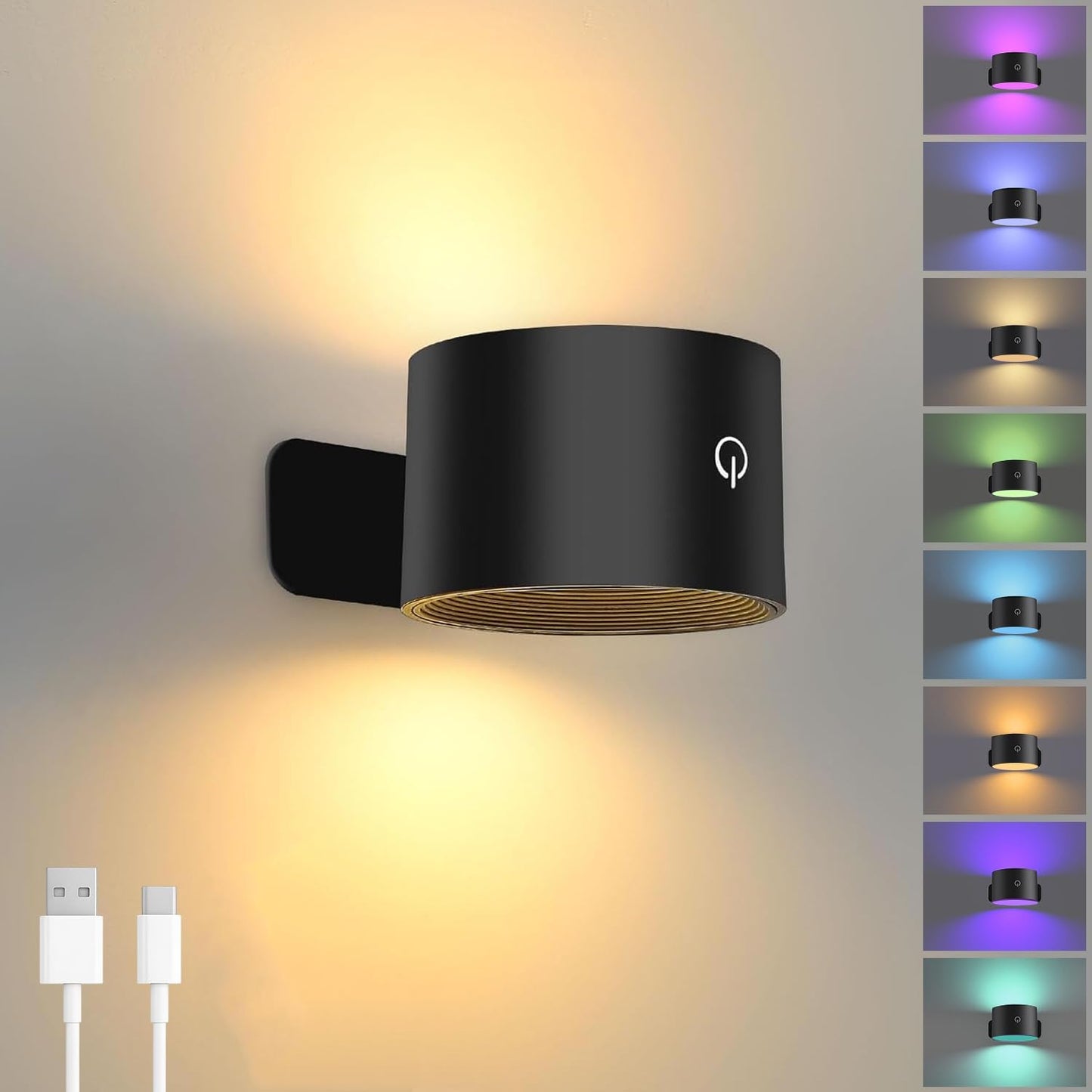 Lightess Battery Operated Wall Sconce, RGB Dimmable, Remote Control, Magnetic Rotation, Model SH-C6104C, Black