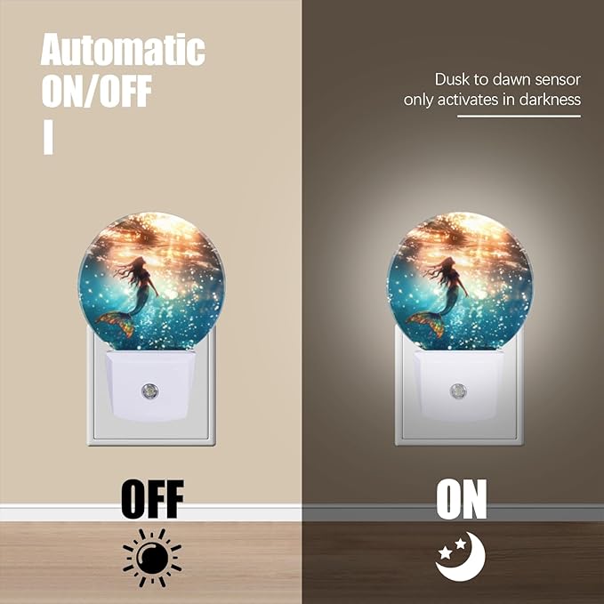 Round LED Night Lights Lamp with Dusk to Dawn Sensor, Beautiful Mermaid Swimming in The Deep Sea Night Light Plug Into Wall for Kids Room, Bedroom, Bathroom, Kitchen, Hallway