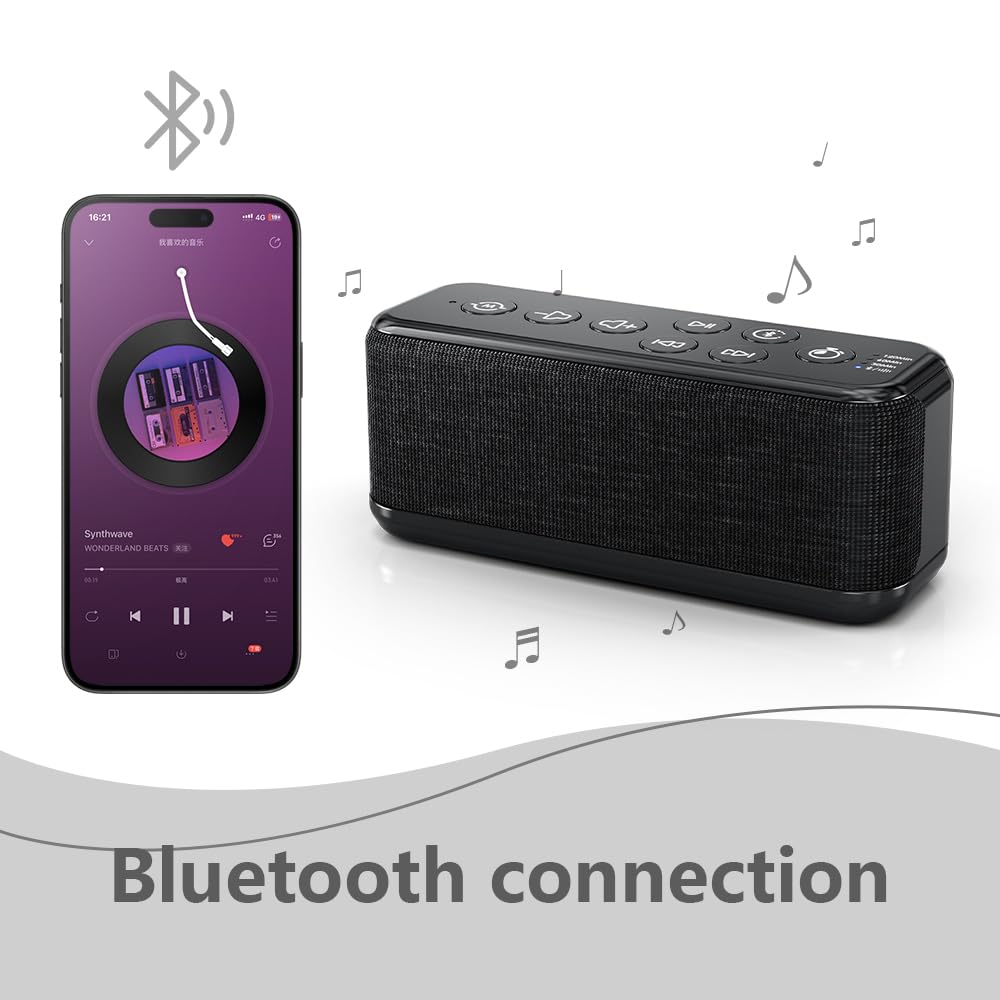 Sound Machine with Bluetooth Speaker, Rechargeable White Noise Machine, Powerful Battery for Sleep, Office, Privacy, Timers Memory Function, 15 Soothing Sound, White Noise, Rain, Fan, Ocean