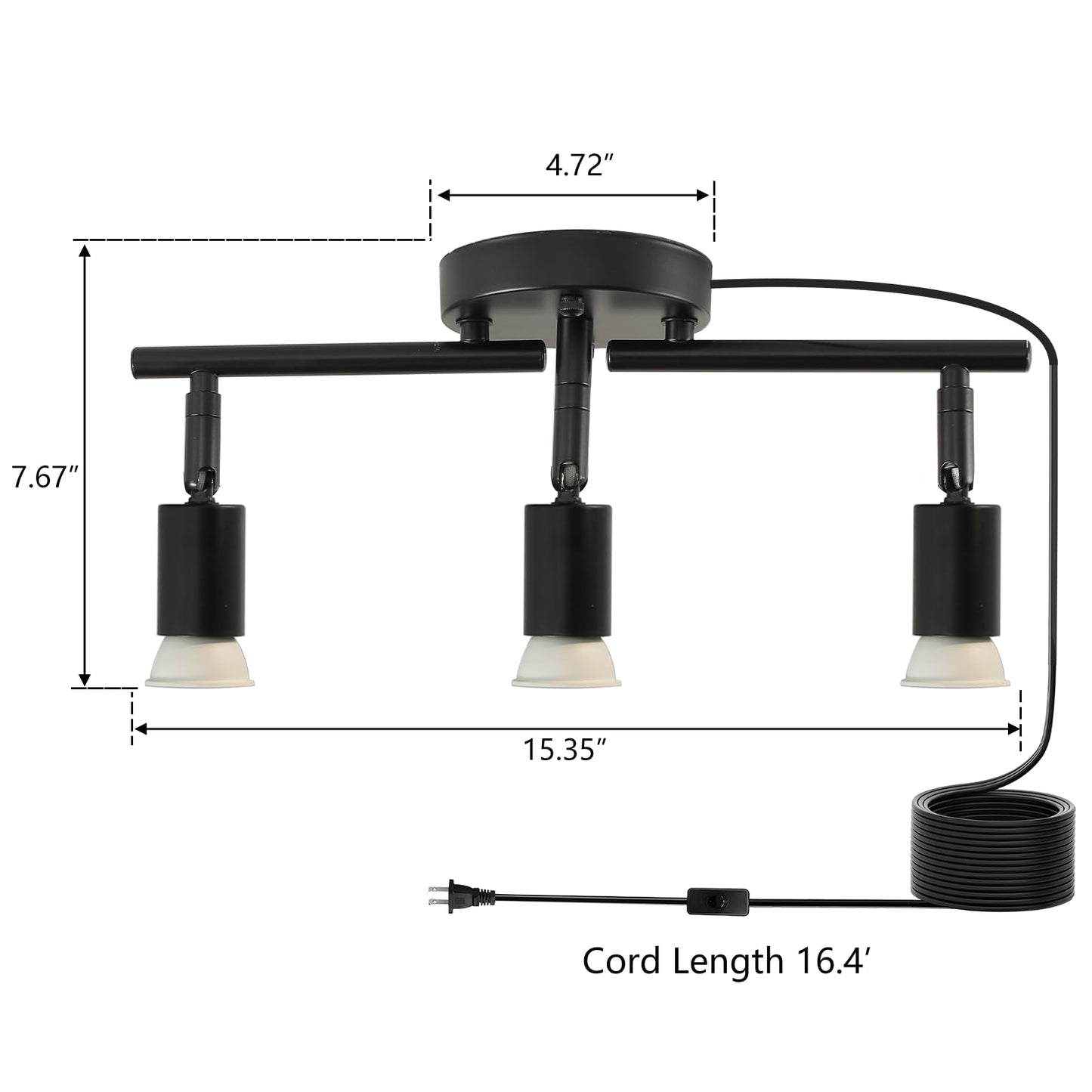 Vivihobb Plug In Track Light Black 3 Light Plug In Ceiling Lighting Fixture With 16.4 Long Cord 4 Way Ceiling Spotlight Rotatable Wall Mount Light Head Bulbs Not Included