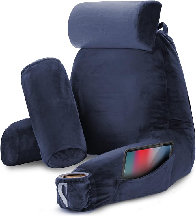 Nestl Reading Pillow Large Bed Pillow, Back Pillow for Sitting in Bed Shredded Memory Foam Chair Pillow, Reading & Bed Rest Pillows Navy Blue Back Pillow for Bed, Bed Chair Arm Pillow with Pockets