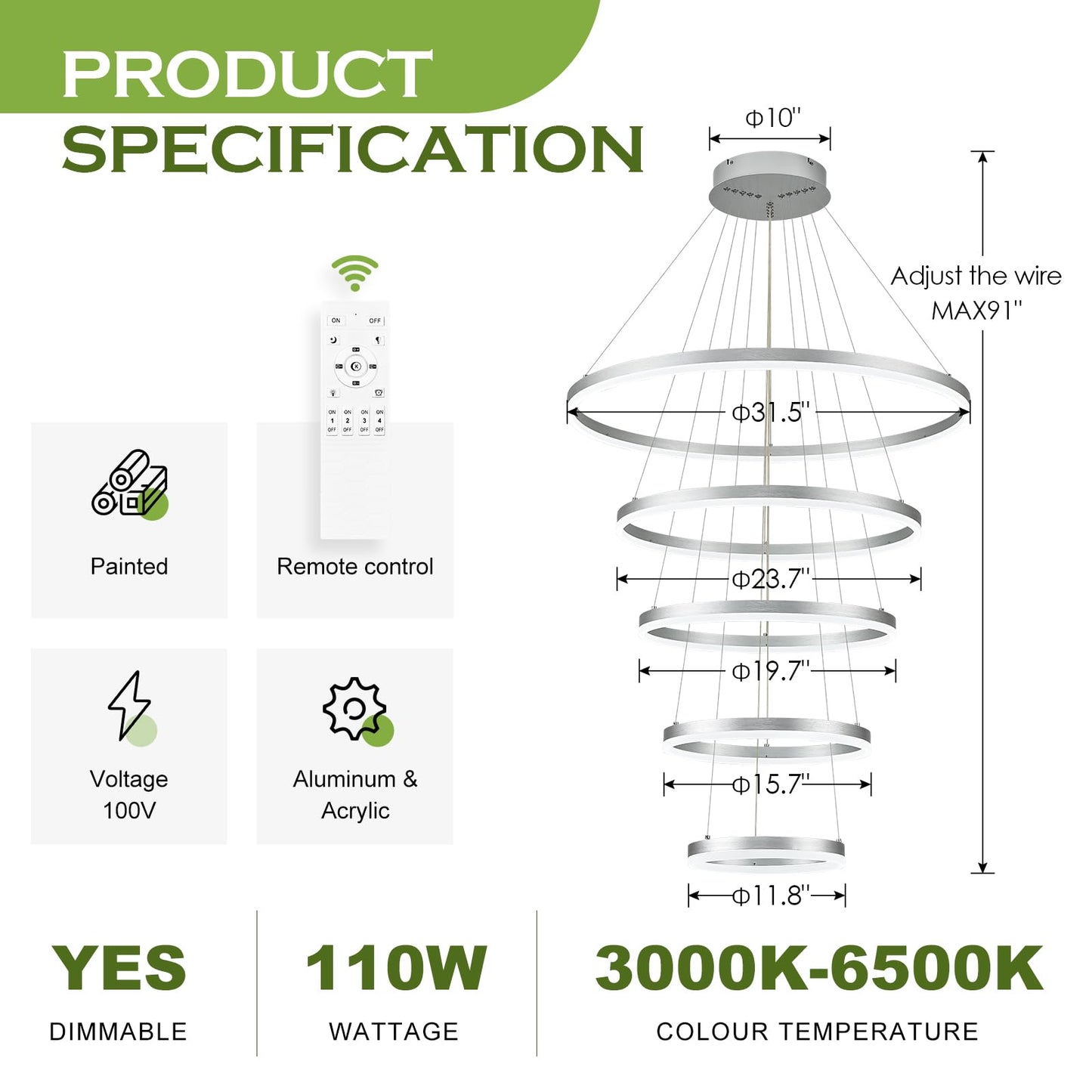 Benkut Modern LED Chandelier, 5 Rings, Silver, Dimmable, 3000K-6500K, Model P60-5SDC1, for Foyer/Dining