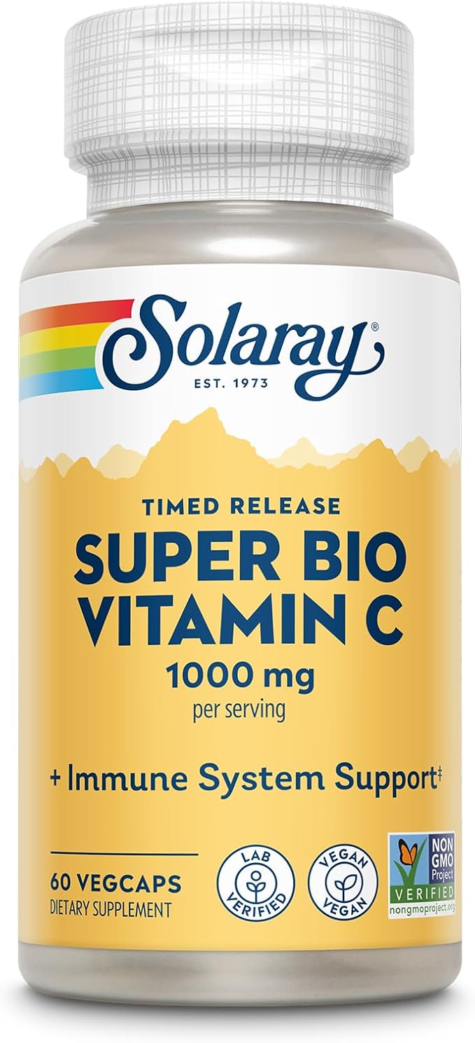 SOLARAY Super Bio Buffered Vitamin C 1000mg, Two-Stage, Timed Release Vitamin C with Bioflavonoids, Immune Support Supplement - High Absorption, Vegan, 60 Day Guarantee, 30 Servings, 60 VegCaps
