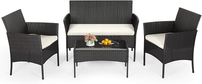 FDW | 4-Piece Patio Furniture Set | Black | Outdoor Wicker Furniture with Coffee Table | Modern Rattan Chairs Conversation...