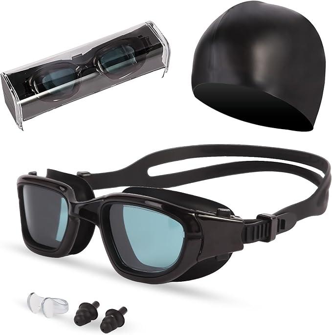 Hurdilen Swim Goggles, Goggles Adult with Swimming Cap, Nose Clip & Ear Plugs, UV Protection Anti-Fog Lens and Case for Adult