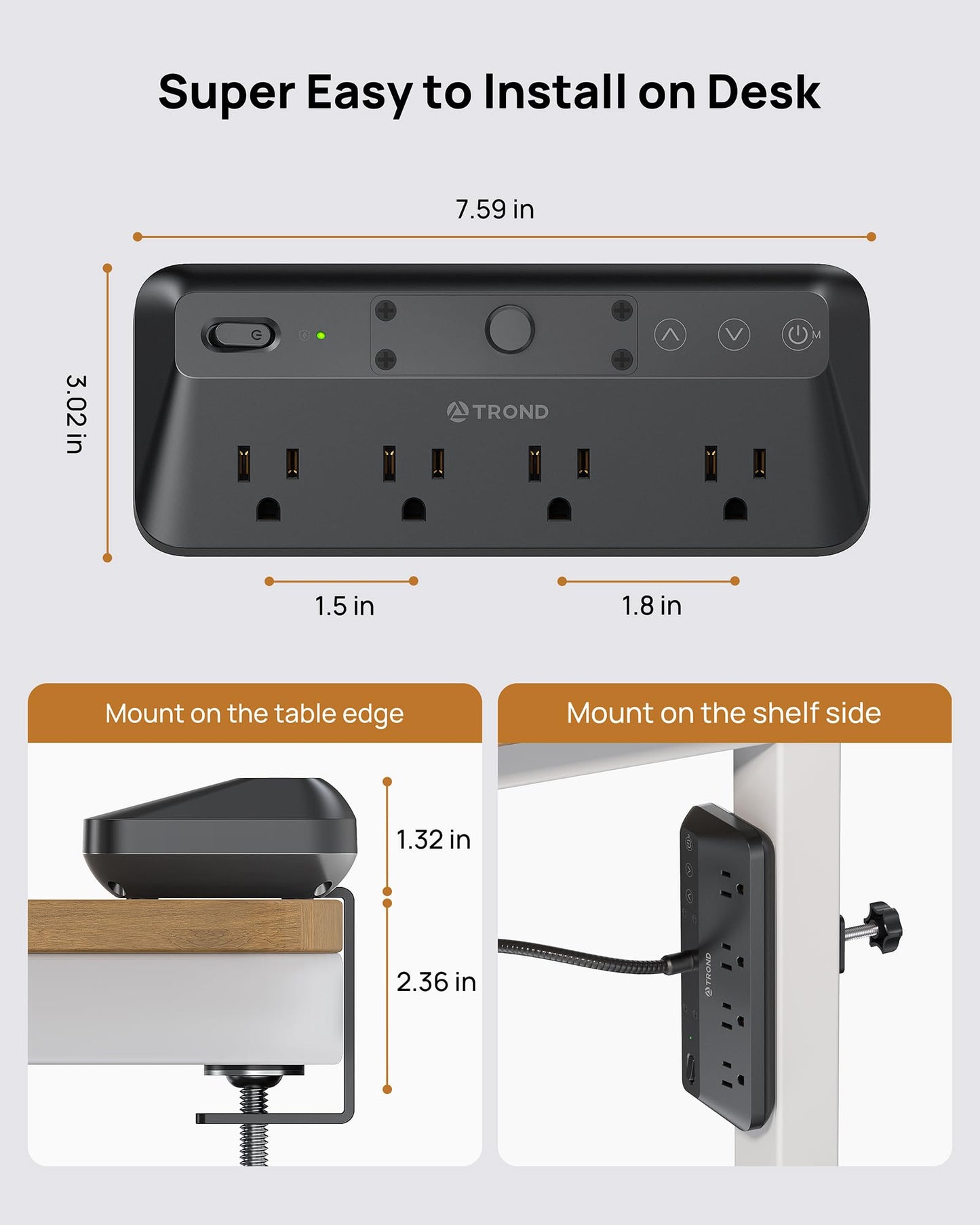 TROND LED Desk Lamp with Clamp, 4 Outlet Power Strip, 15 Lighting Modes, 6ft Cord, Gooseneck, Small, Black, Model TD-PS-US29L