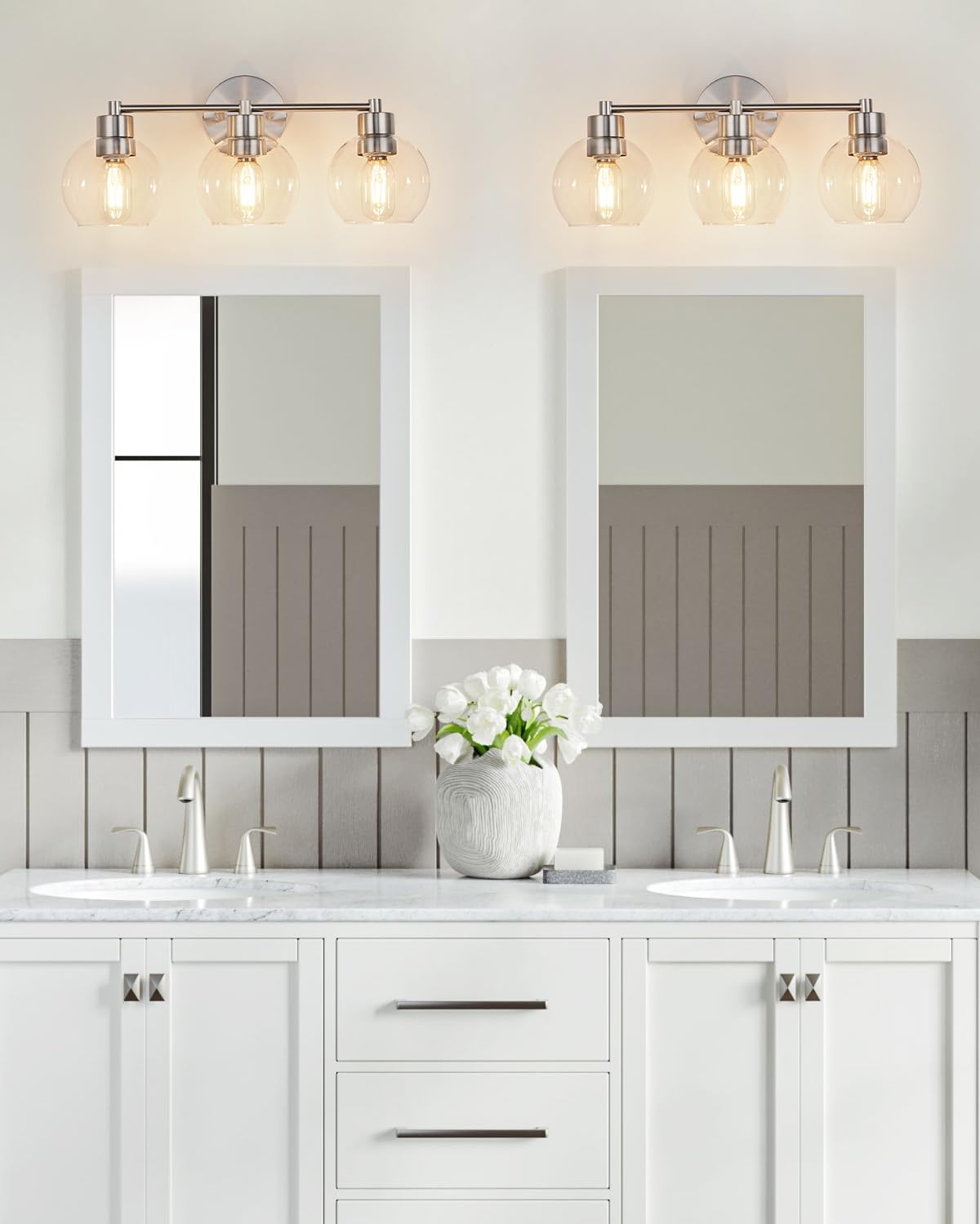 Wilon Brushed Nickel Vanity Lights For Bathroom  3 Light Bathroom Vanity Light With Globe Clear Glass Shades  Silver Bathroom Lighting Fixtures Over Mirror  Modern Bathroom Sconces Wall Lamp