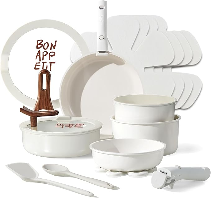 CAROTE 18Pcs Ceramic Cookware Set with Detachable Handle, Pots and Pans Set Non Stick, Non Toxic Kitchen Cooking Sets with Stand-Up Lid, PFAS and PFOA Free, Oven Safe, Induction Ready, Cream White