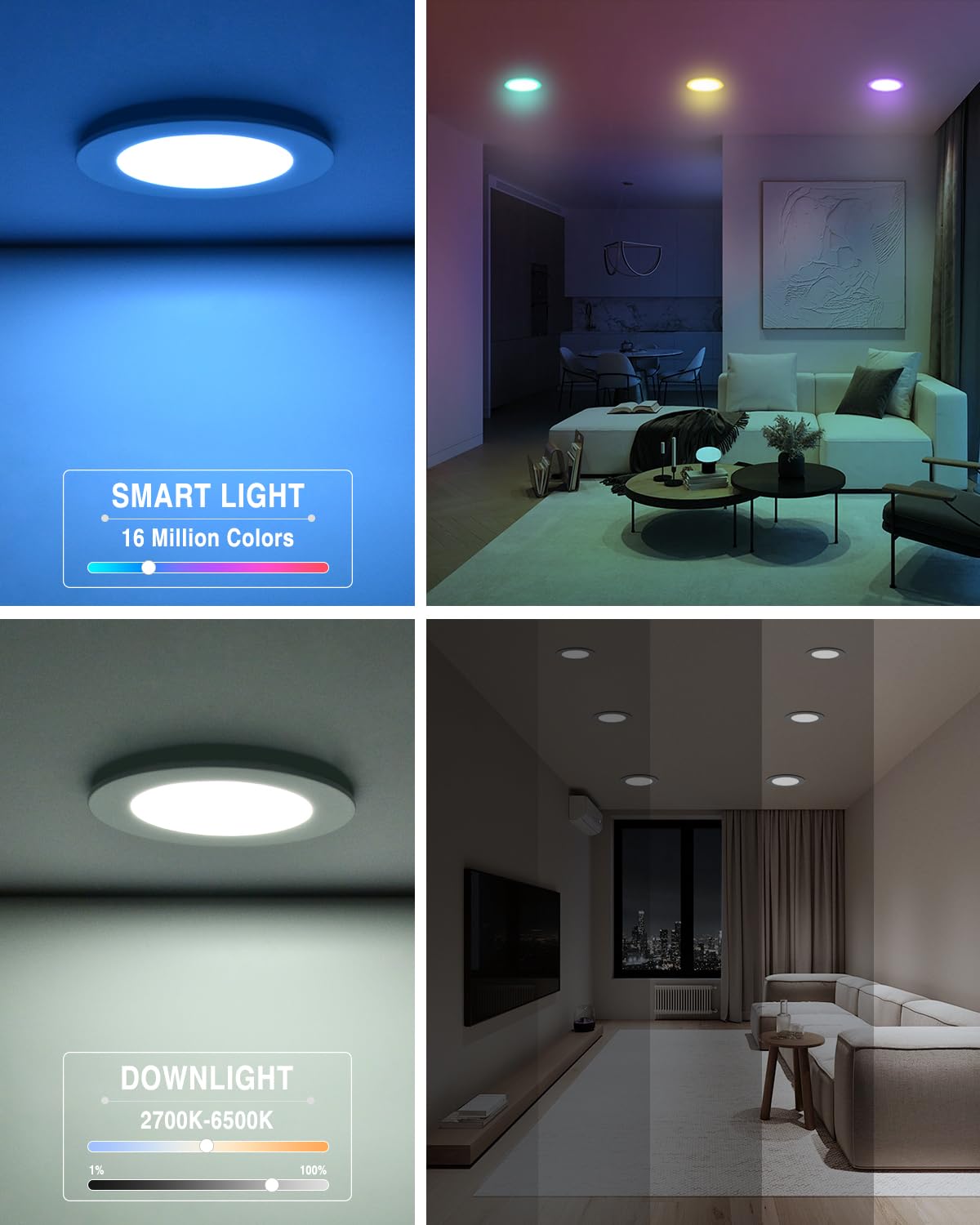 Dcvoltfield Smart LED Downlight 6-Inch, RGB Color Changing, 12W 1200lm, Wi-Fi & Bluetooth, Works with Tuya, Alexa & Google Assistant
