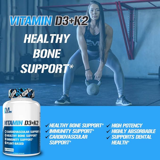 Evlution Nutrition Vitamin D3 + K2 - for Heart Health, Bone + Immune System Support - 5000 IU Vitamin D + 3600 IU Vitamin K - High Potency - Vegan & Gluten Free - 60 Servings - 60 Veggie Capsules
