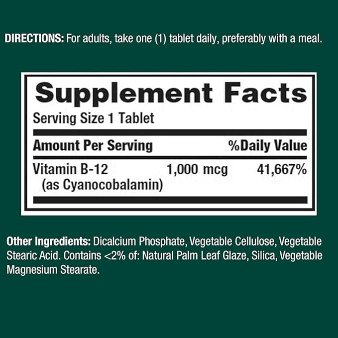 Nature's Bounty Natural Vitamin B12, 1000mcg Tablets, 100 Count, Pack of 3