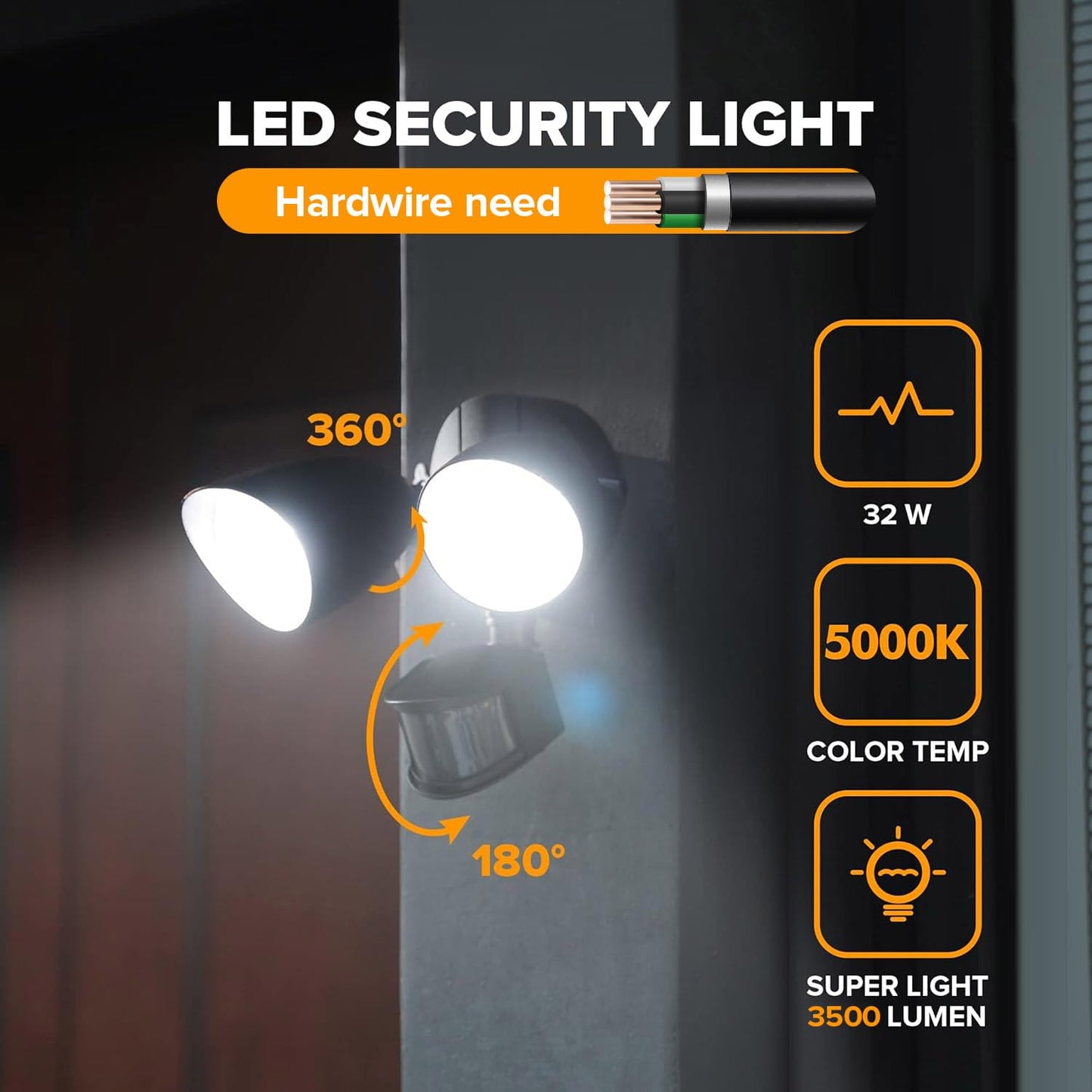 LUTEC LED Security Light Dual-Head 32W 2500 Lumen Motion Sensor 5000K Daylight Black, IP54 Waterproof, Model tyngyd-gjpl-06