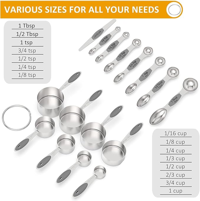 Wildone 16Pc Stainless Steel Measuring Set, 8 Cups & 7 Magnetic Measuring Spoons, Stackable & 1 Leveler (Gray)