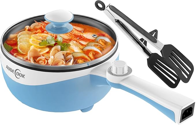 Audecook Hot Pot Electric, 1.7L Mini Electric Skillet Portable Nonstick Sauté Pan with Power Adjustment, Ramen Cooker Travel Multicooker for Steak/Soup/Egg/Oatmeal/Noodles (Tongs for Cooking Included)