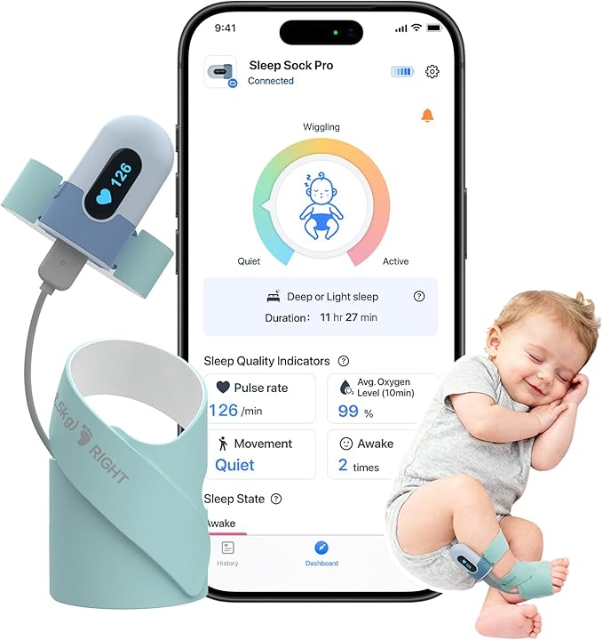 Babytone Baby Sock Monitor, Tracks Real-Time Heart Rate and Movement, with Notification and Sleep Patterns, Smart Baby Mon...