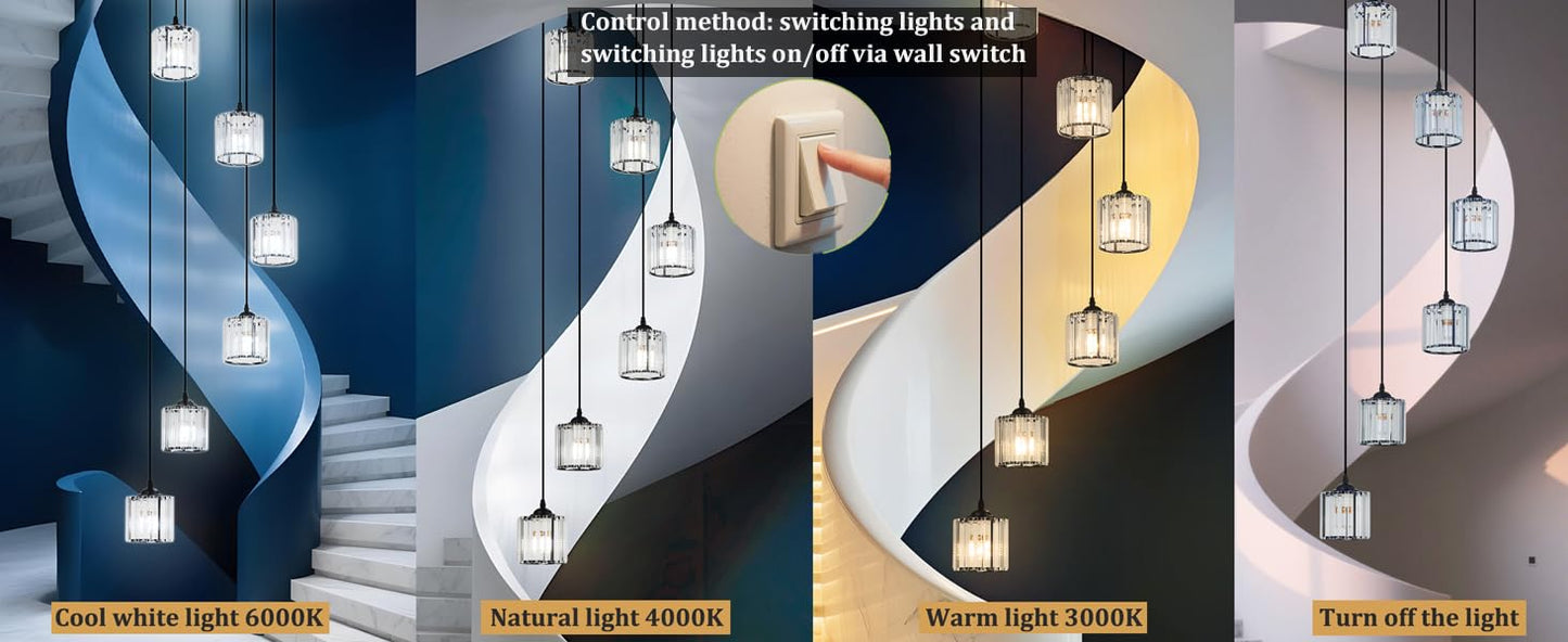 Meimond Long Chandeliers For High Ceilings Modern Crystal Pendant Light Raindrop Drop Lamp Hanging Flush Mount Lighting Fixtures For Spiral Staircase Foyer Entryway Living Room Black (6 Lights)