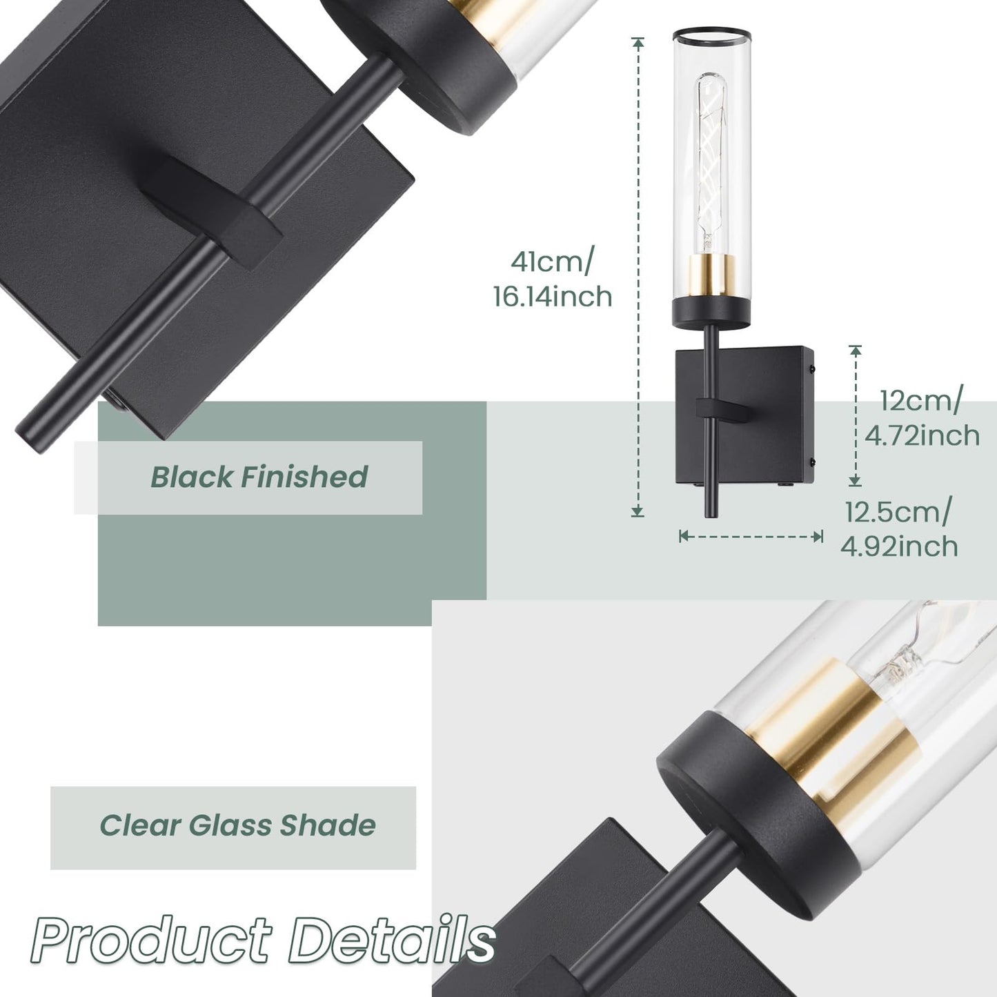 Loiogohot Wall Sconce, Battery Operated, 10400mAh, Dimmable, Black and Gold, Model WL-BN2426-BKGD-ME, Warm Light