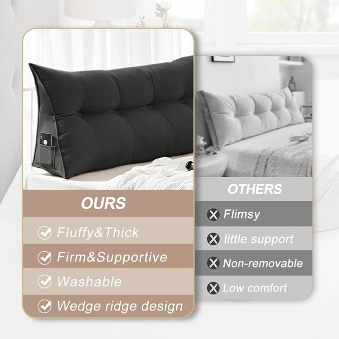 Large Triangular Headboard Pillows Long Backrest Positioning Support Bolster Cushion for Daybed Fluffy Quality Plush Body Wedge Pillow with Removable Cover(Black-Cal King-71x8x20 in)