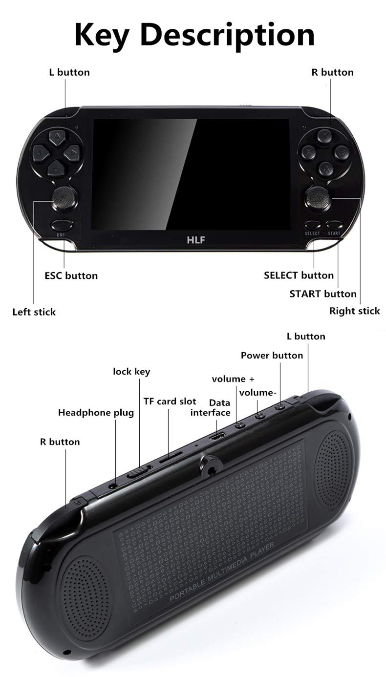 HLF Multi-Function 5.1 Inch Video Game Console Built-in 7500 Retro Games Portable Handheld Portable Support Arcade Multiple Emulator Games Archiveable MP3/4 Men/Kids