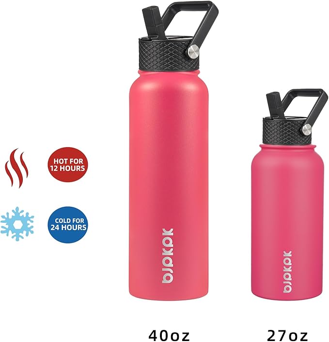 BJPKPK Insulated Water Bottles with Straw Lid, 40oz Stainless Steel Water Bottles with 3 Lids, BPA Free Leakproof Thermo, Tumblers, Cups for Sports, Gym- Rose Pink