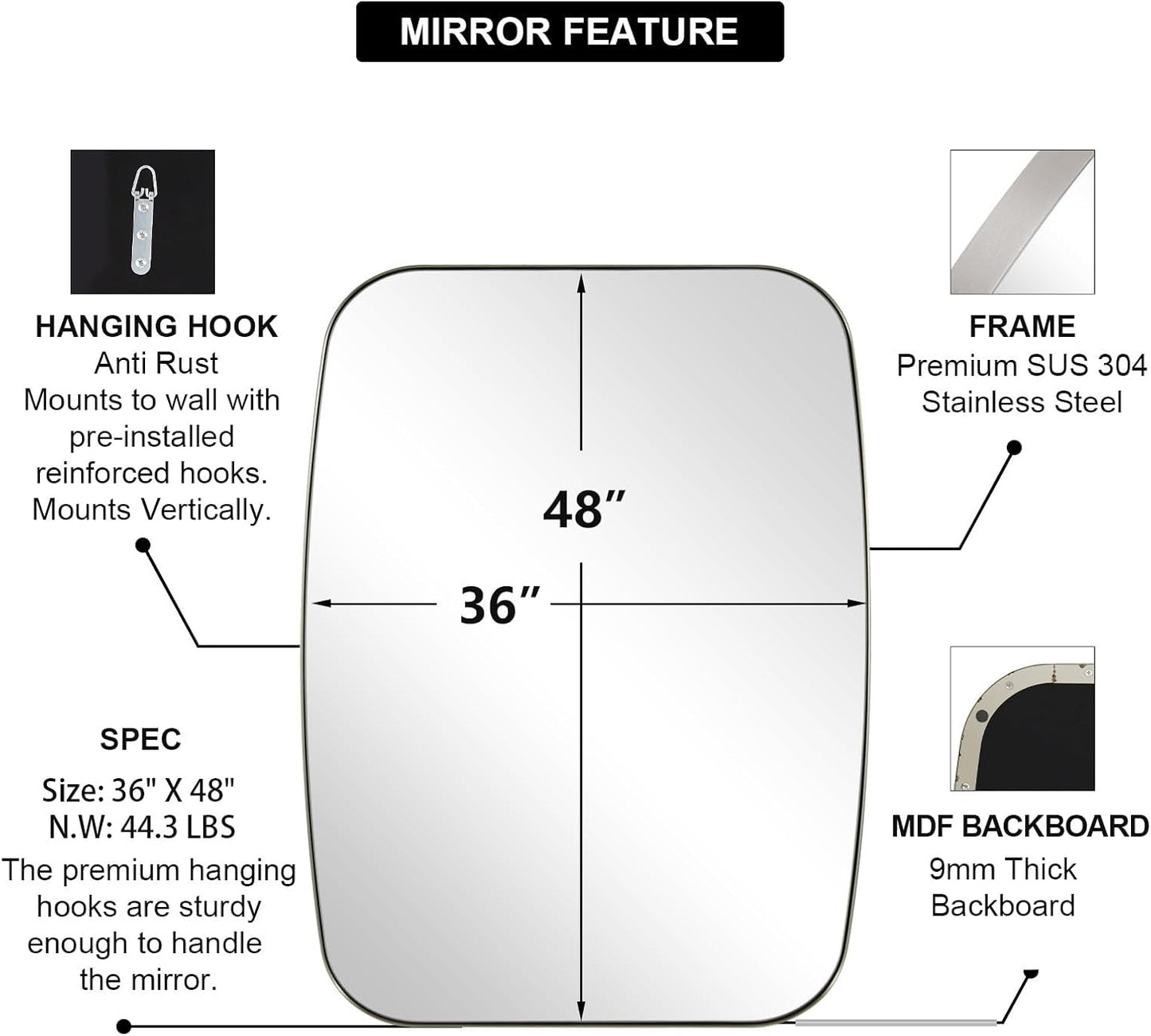 ANDY STAR Brushed Nickel Oblong Mirror, 36x48 Inch Brushed Nickel Oval Mirror for Bathroom with Stainless Steel Metal Frame, Wall Mouned for Bathroom, Living Room, Entryway