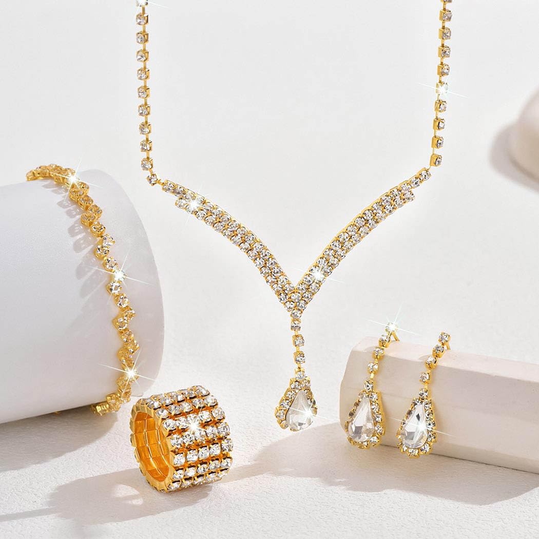 Unicra Bridal Wedding Jewelry Set Gold Rhinestone Necklace Earrings Bracelet Ring Sets Formal Costume Jewelry for Women and Brid