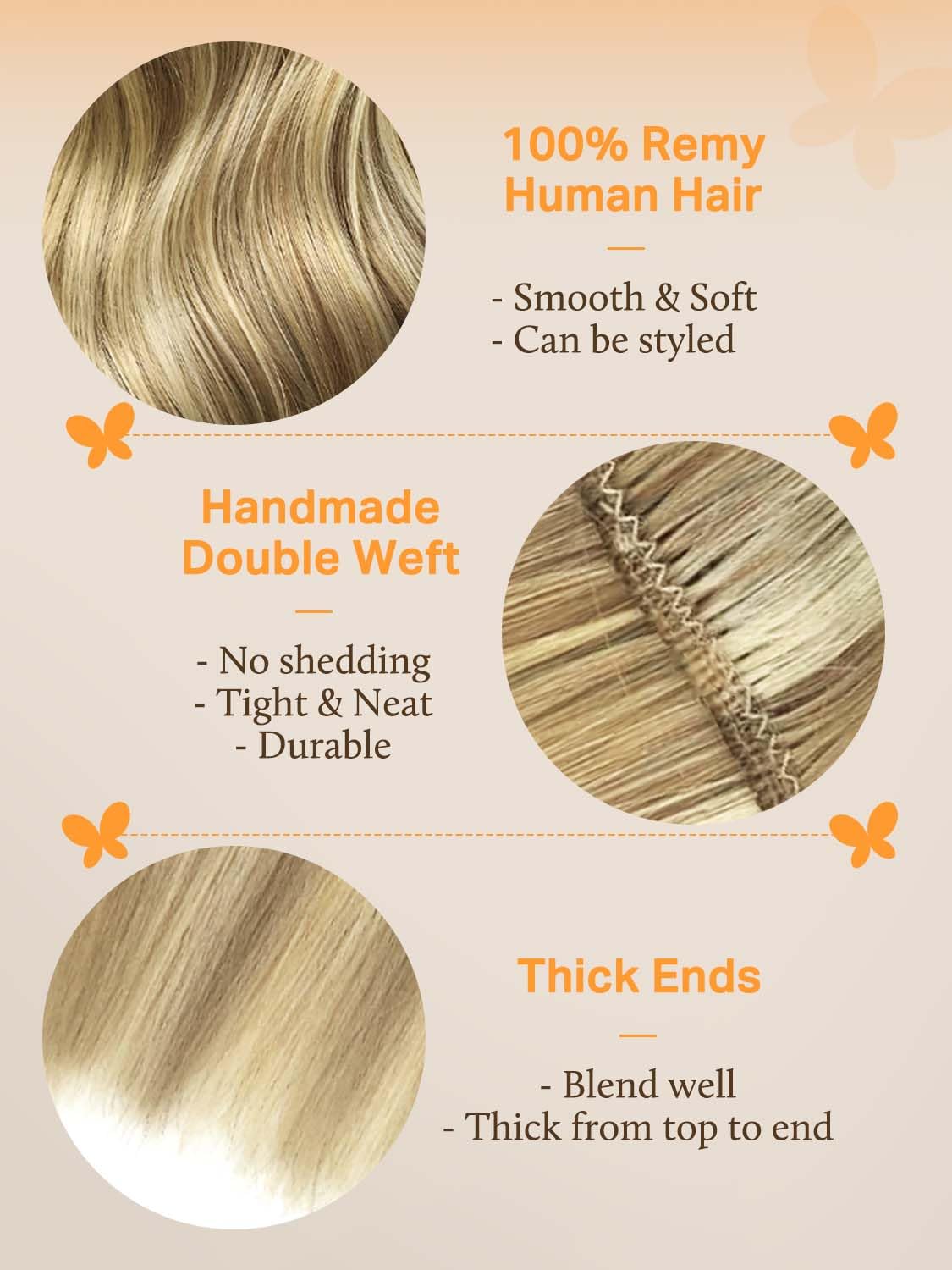 DOORES Sew In Hair Extensions Real Human Hair, Light Blonde Highlighted Golden Blonde 18 Inch 100g, Hand Made Sew In Weft Extens