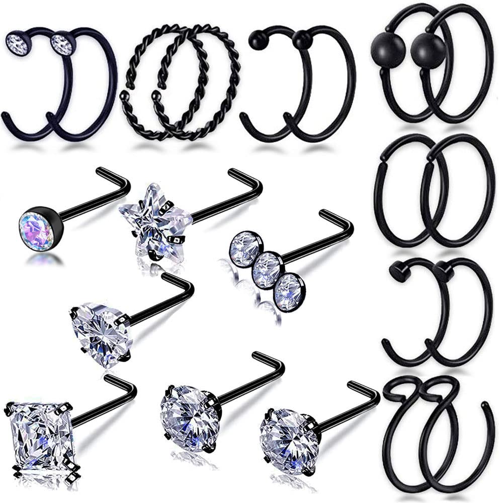 20G Black Surgical Steel Nose Studs L Shaped Nose Ring Hoop Nose Hoops for Women Men