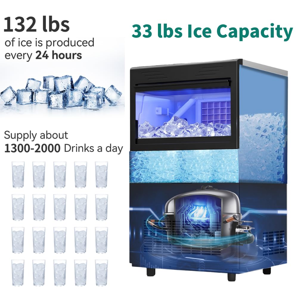 YITAHOME 132lbs Ice Maker Machine Commercial Under Counter Ice Maker, ETL & DOE Certificated Commercial Large Ice Makers Freestanding for Home Cafe Bar Restaurant 55pcs with 33lbs Storage Bin